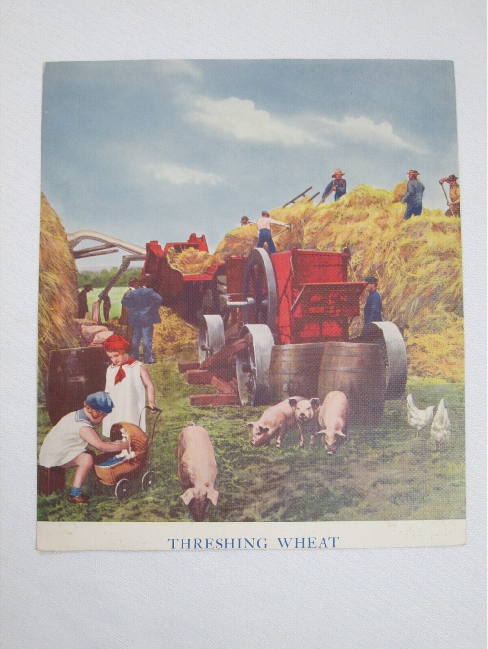 Antique Art Print Threshing Wheat Harvest Machine Girls Sailor Suits Pigs Farmer